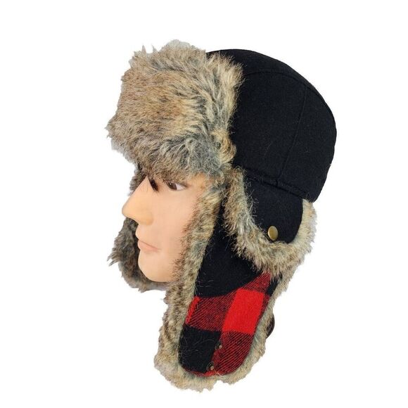 VTG Woolrich Fur Lined Trapper Hat Size M Red Plaid Wool Blend Ear Flaps Beanie - Picture 1 of 12